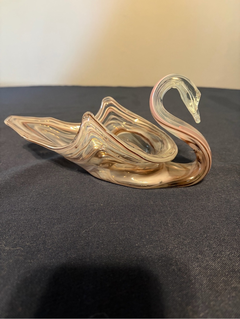 Art Glass Swan Trinket Dish Pink Candy Bowl Mid Century Figural